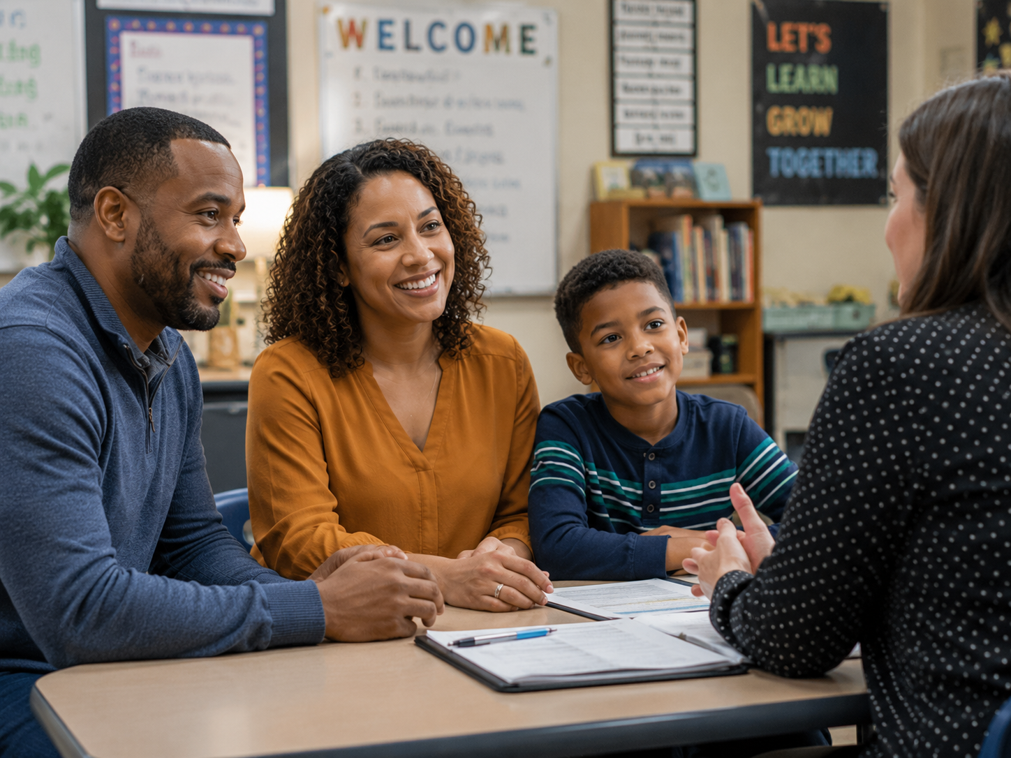 Parent-teacher conference with family and educator in a classroom